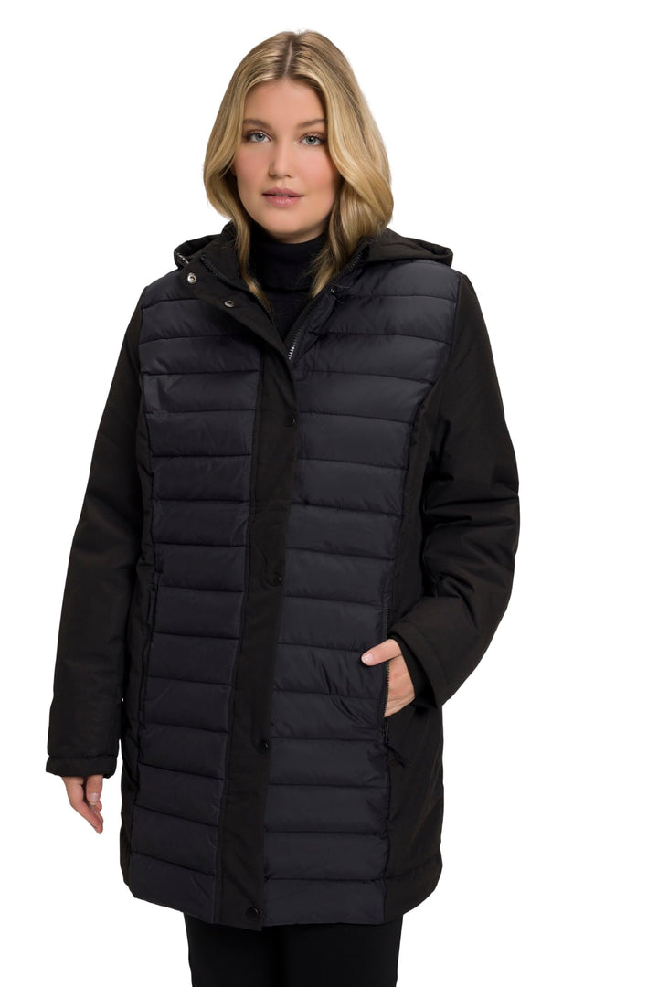 Ulla Popken Damen Hybrid, Wasserabweisend, Stepp/Softshell, Kapuze Jacke, Schwarz