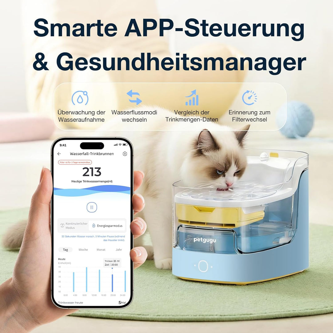 PETGUGU Katzenbrunnen mit App Steuerung inkl. 3 Ersatzfilter, 8-Schicht-Filtration Trinkbrunnen für