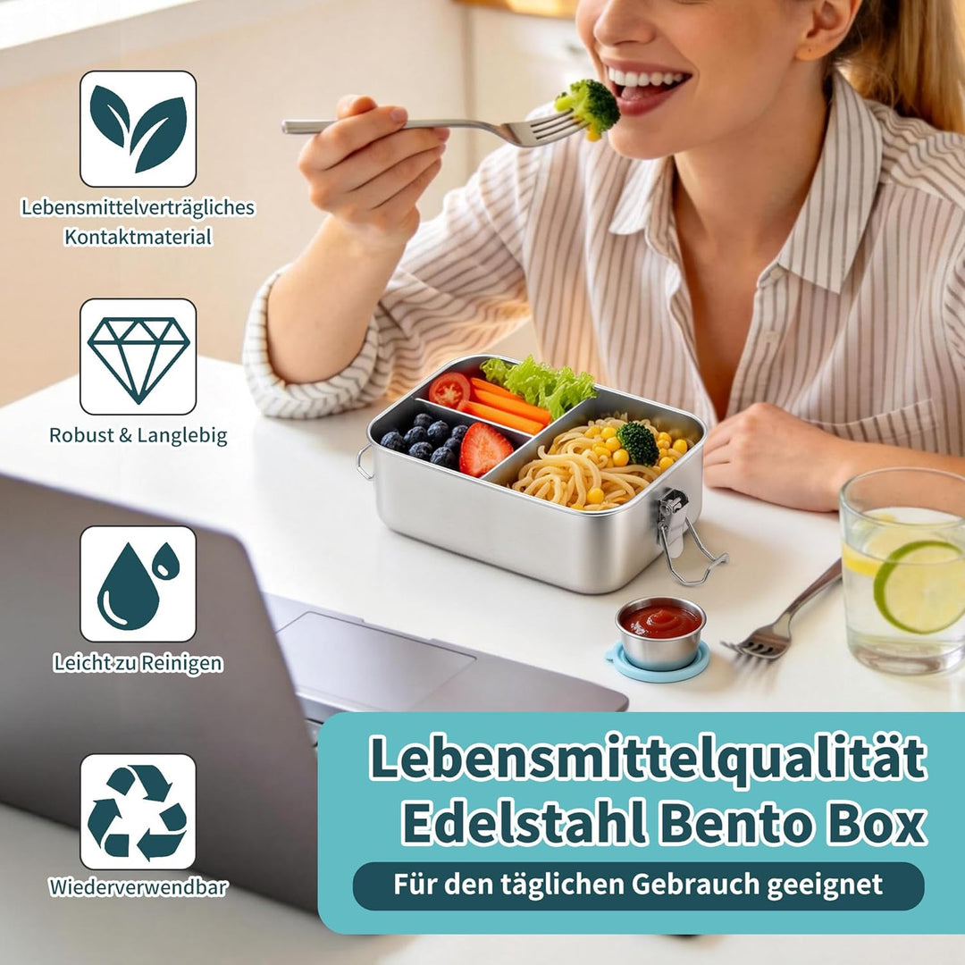 Joyfair Brotdose mit Fächern, Edelstahl Bento Box mit 3 Fächern, Metall Lunchbox Brotzeitdose mit Au