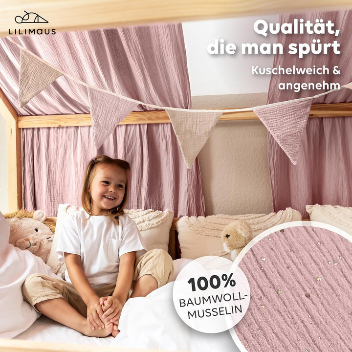 Hausbett Himmel mit Gold Applikation [in 12 Farben] Betthimmel Hausbett aus 100% Baumwolle Musselin