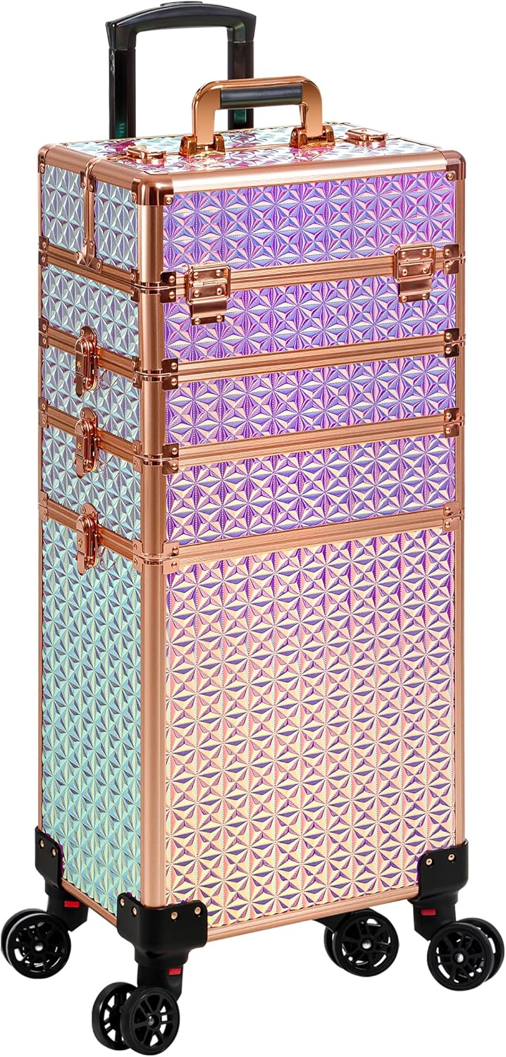 Arous 5-in-1 Profi-Kosmetikkoffer, Aluminium, mit 360° drehbaren Rädern Bunt, Bunt