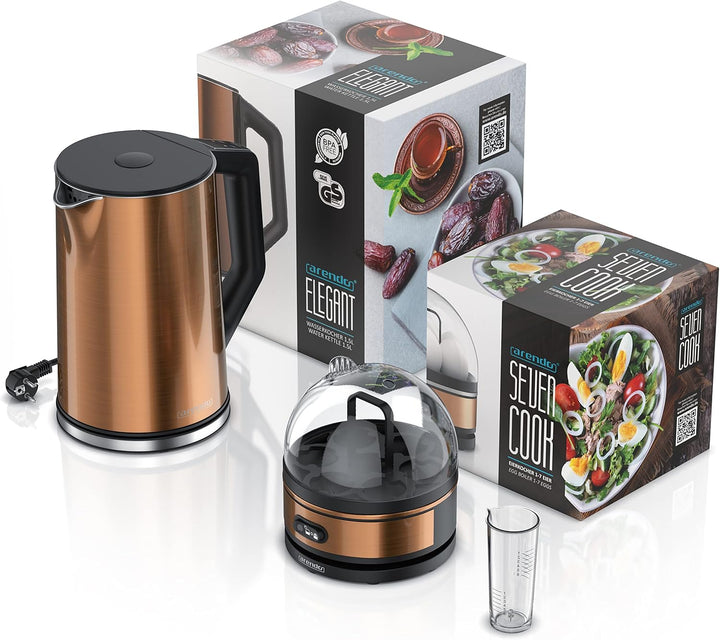 Arendo - Set Wasserkocher ELEGANT mit Eierkocher SEVENCOOK Edelstahl Kupfer, Wasserkocher 1,5L 40° -