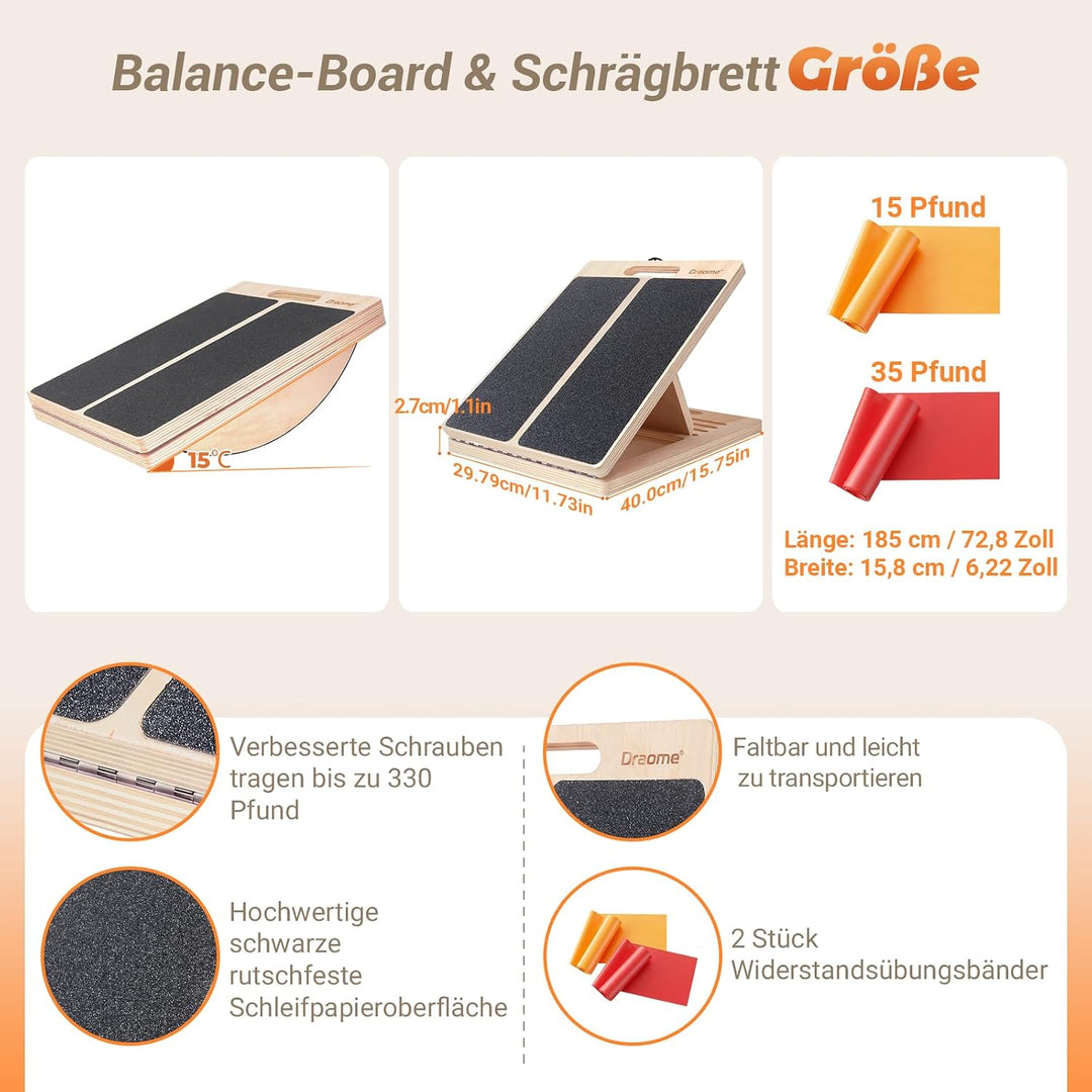 2 in 1 Balance Board &amp; Slant Board, Verstellbar Wadendehner Schrägbrett Holz mit 2 Widerstandsbänder
