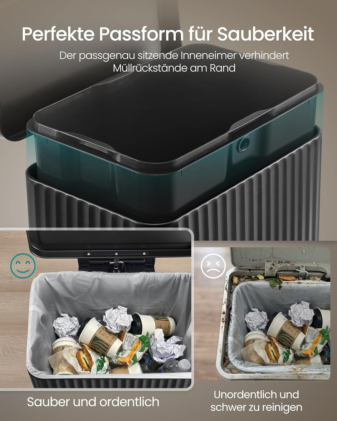SONGMICS Mülleimer Küche, 50 Liter, Abfalleimer mit Pedal, Tretmülleimer mit Deckel, Softclose, Inne