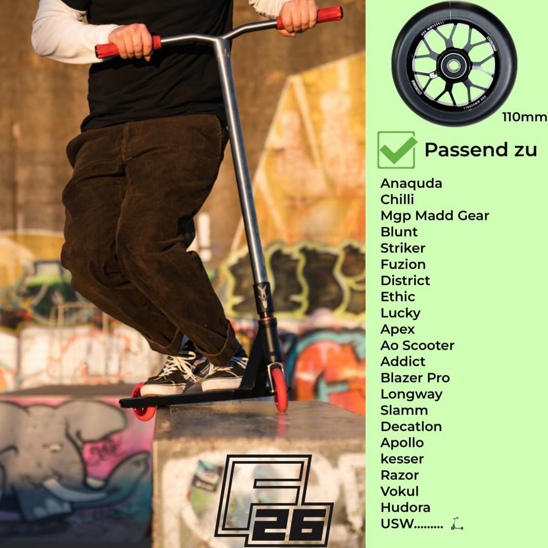 Root Industrie Air Honeycore 110mm Stunt-Scooter Rolle + Fantic26 Sticker (Schwarz/Pu Schwarz) Schwa