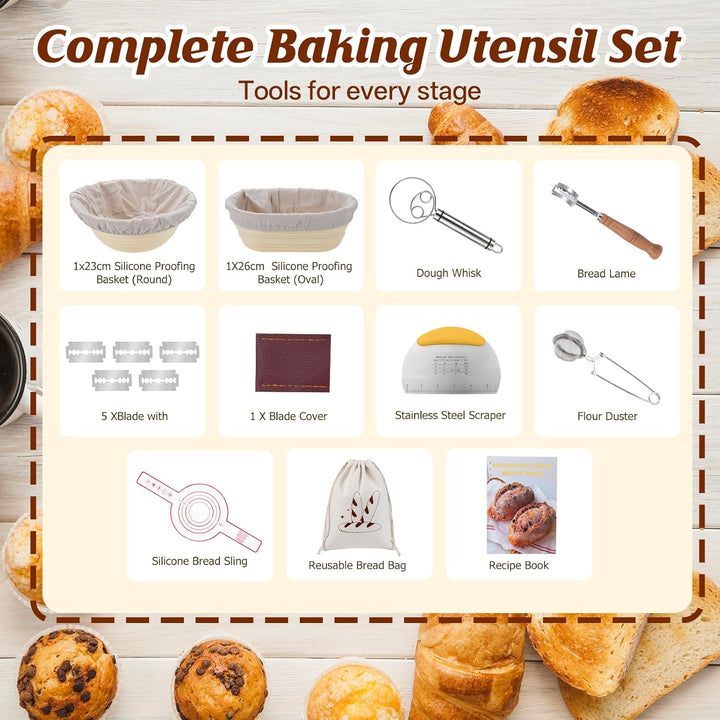 Brotgärkorb Set 10 teilig Silikon – rund 23cm & oval 25cm Gärkorb für Sauerteig, Brotbackset mit Tei