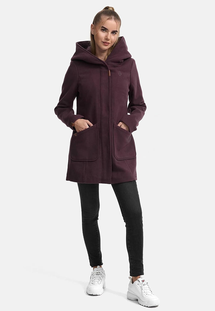 MARIKOO Damen Mantel in Wolloptik Warmer Trenchcoat mit Kapuze Maikoo XS-5XL, L Dusty Plum