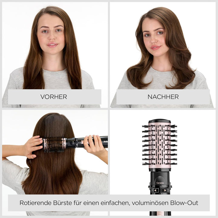 BaByliss rotierende Warmluftbürste mit 1000 Watt und 4 Aufsätzen zum Trocknen, Glätten, Formen und f