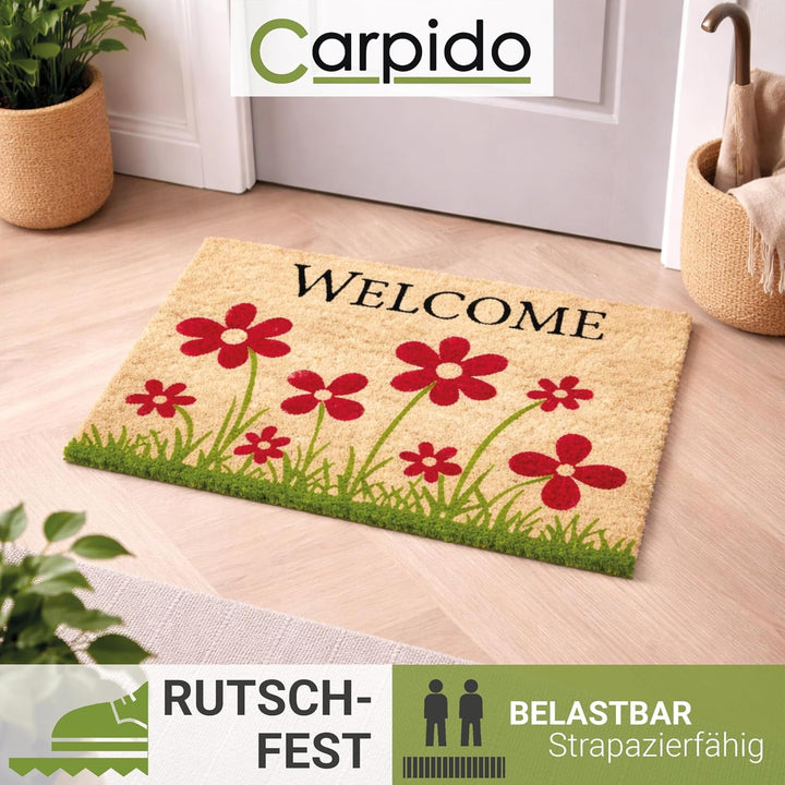Fussmatte Kokos Blumenwiese Natur – Türmatte 40x60 cm – antibakterielle Eingangsmatte – Kokosmatte m