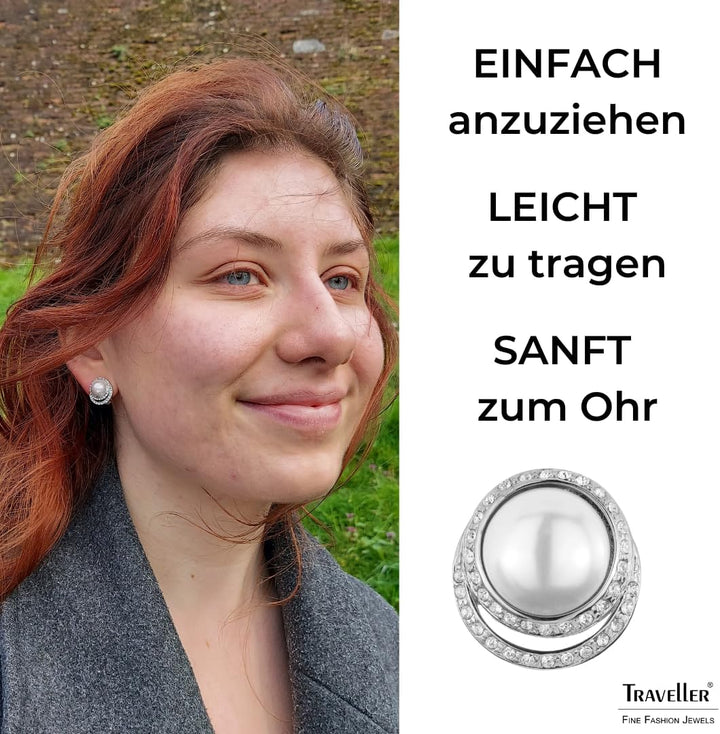 Traveller Ohrclip - Perle weiss - Kristalle Silber/Weiss, Silber/Weiss