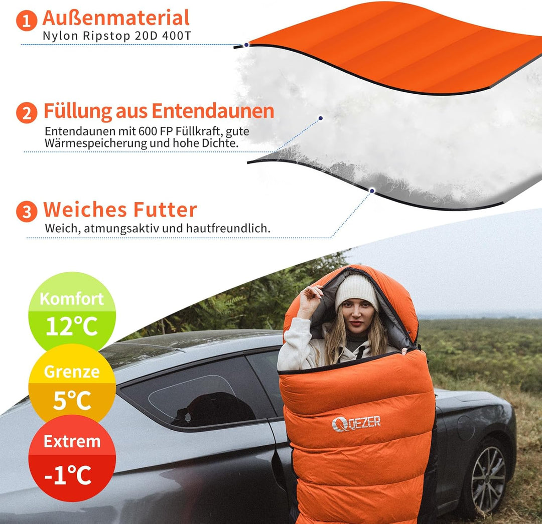 Daunenschlafsack,schlafsack kleines packmass , 600FP+ Premium-Daunen, 12°C bis -24°C, leicht und war
