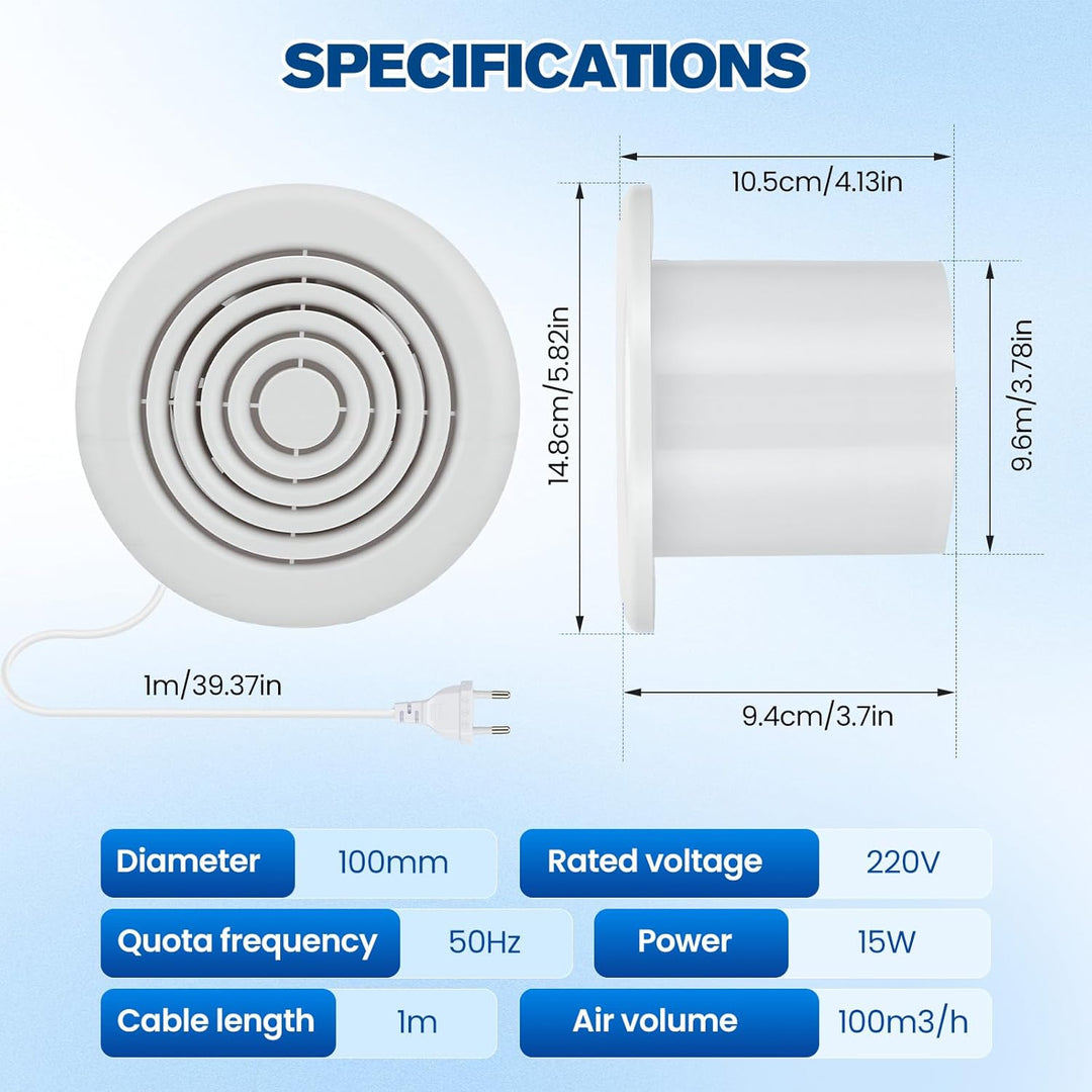 Badlüfter 100mm,2 Richtungen,3 Geschwindigkeiten,100M³/H,Ipx4 Waterproof,Mit Fernbedienung,15W Leise