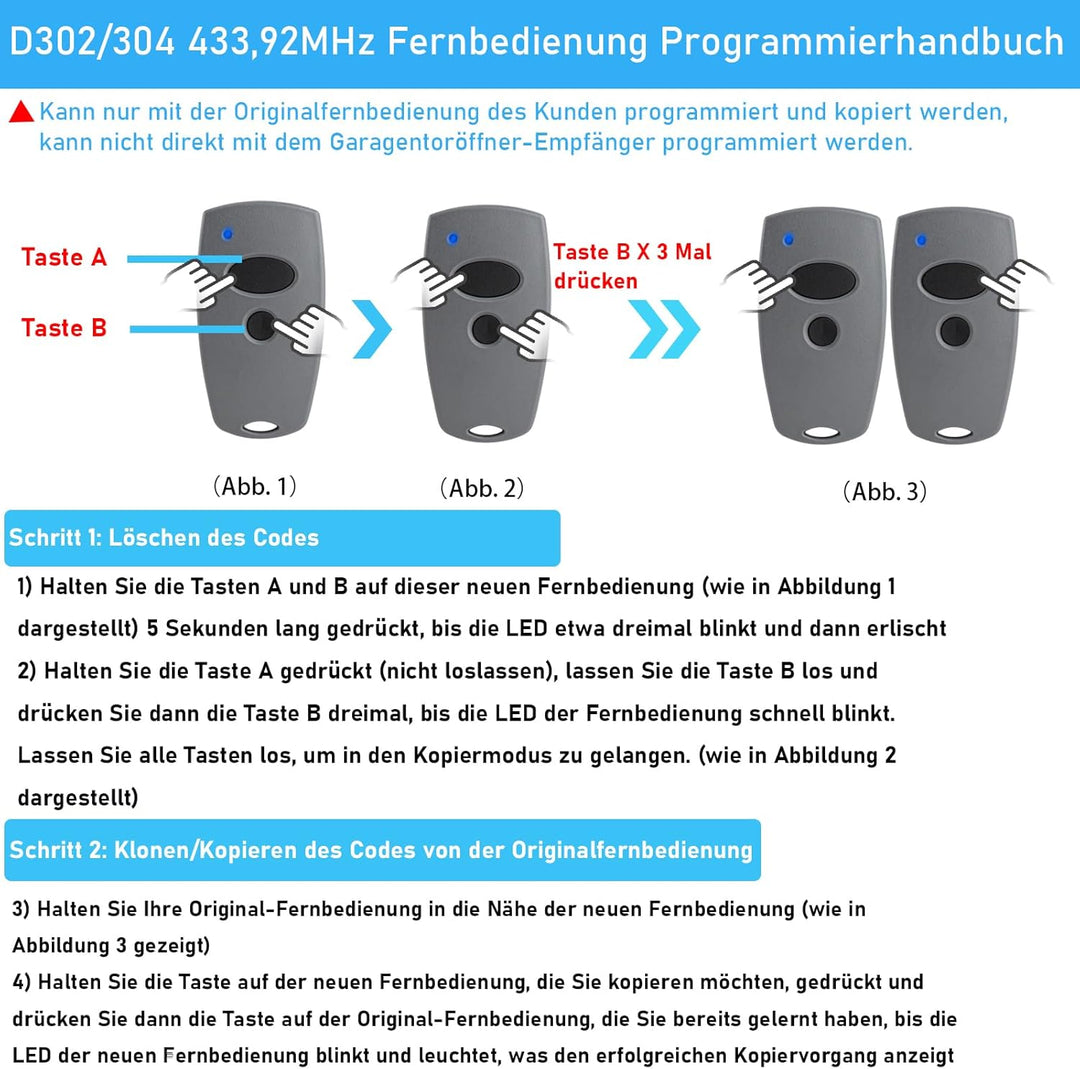 Klonen Garagentoröffner Fernbedienung Kompatibel mit Marantec 433MHz Handsender Digital 382, 302, 38