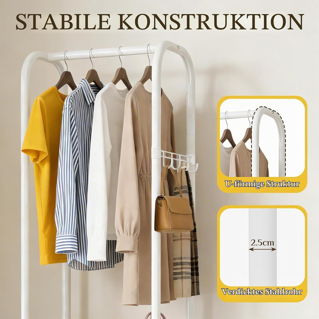Kleiderständer aus Metall mit Rollen, höhenverstellbare Stange und doppelte Ablagen, Multifunktional
