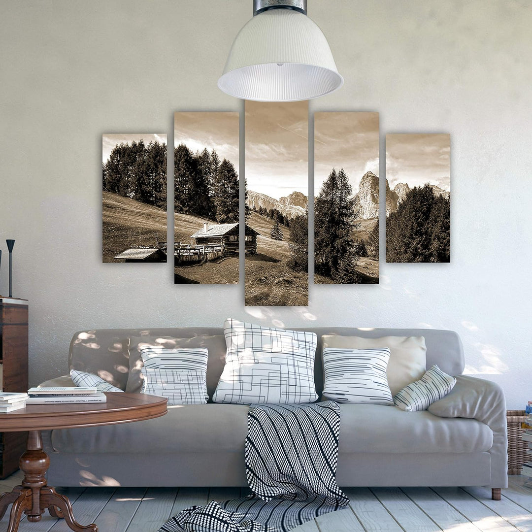Feeby Bilder Berge 300x140 cm - Leinwandbild 5 Teilig XXL Kunstdruck Hütte Bäume Sepia Leinwandbild