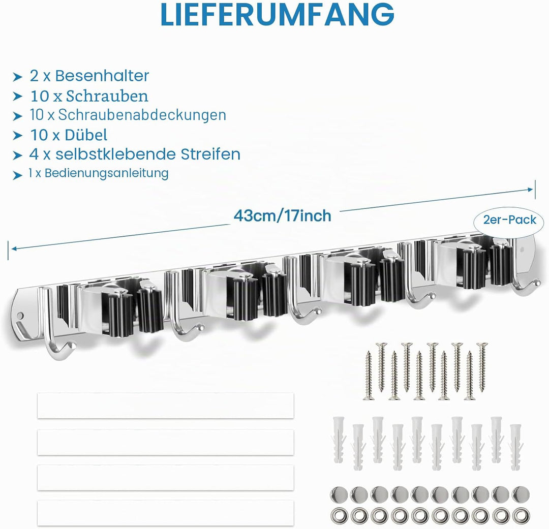 ibell 2 Stück Besenhalterung Wand, Gerätehalter Edelstahl mit 4 Halter und 5 Haken, Gartengerätehalt