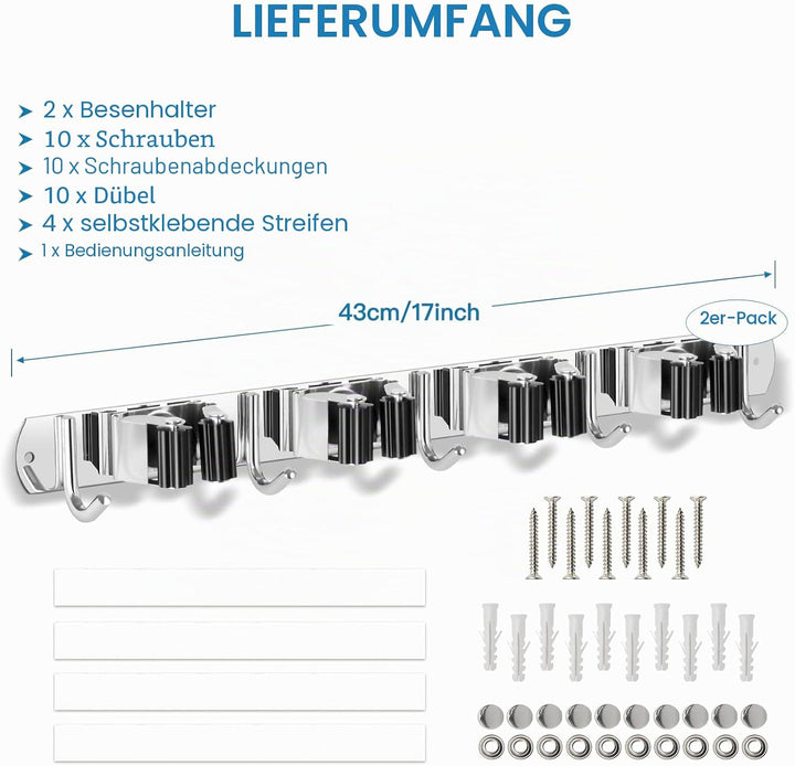 ibell 2 Stück Besenhalterung Wand, Gerätehalter Edelstahl mit 4 Halter und 5 Haken, Gartengerätehalt