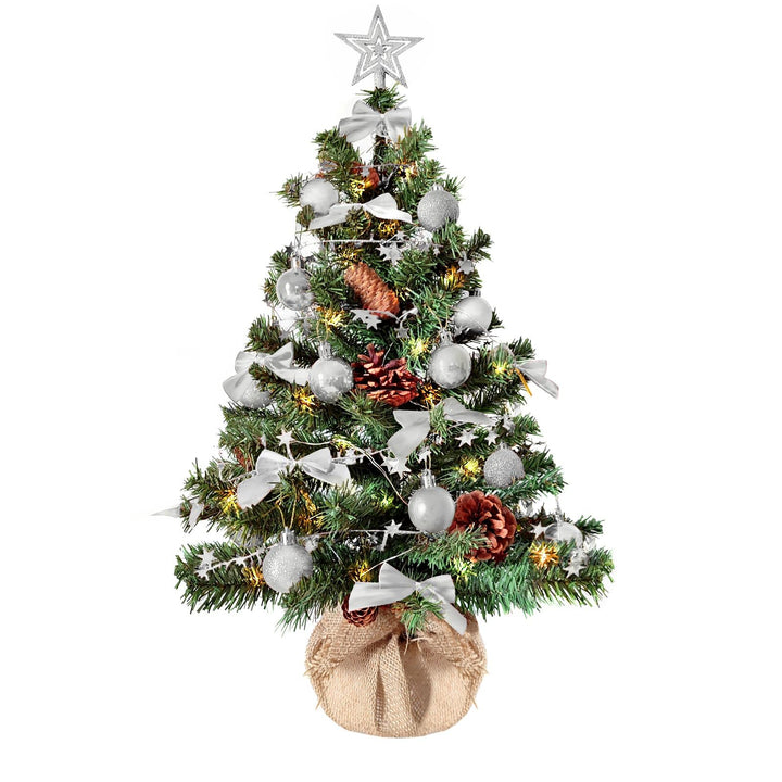 Weihnachtsbaum künstlich (WBD) 75 cm grün mit Weihnachtsdeko Silber und Led Lichterkette mit Batteri