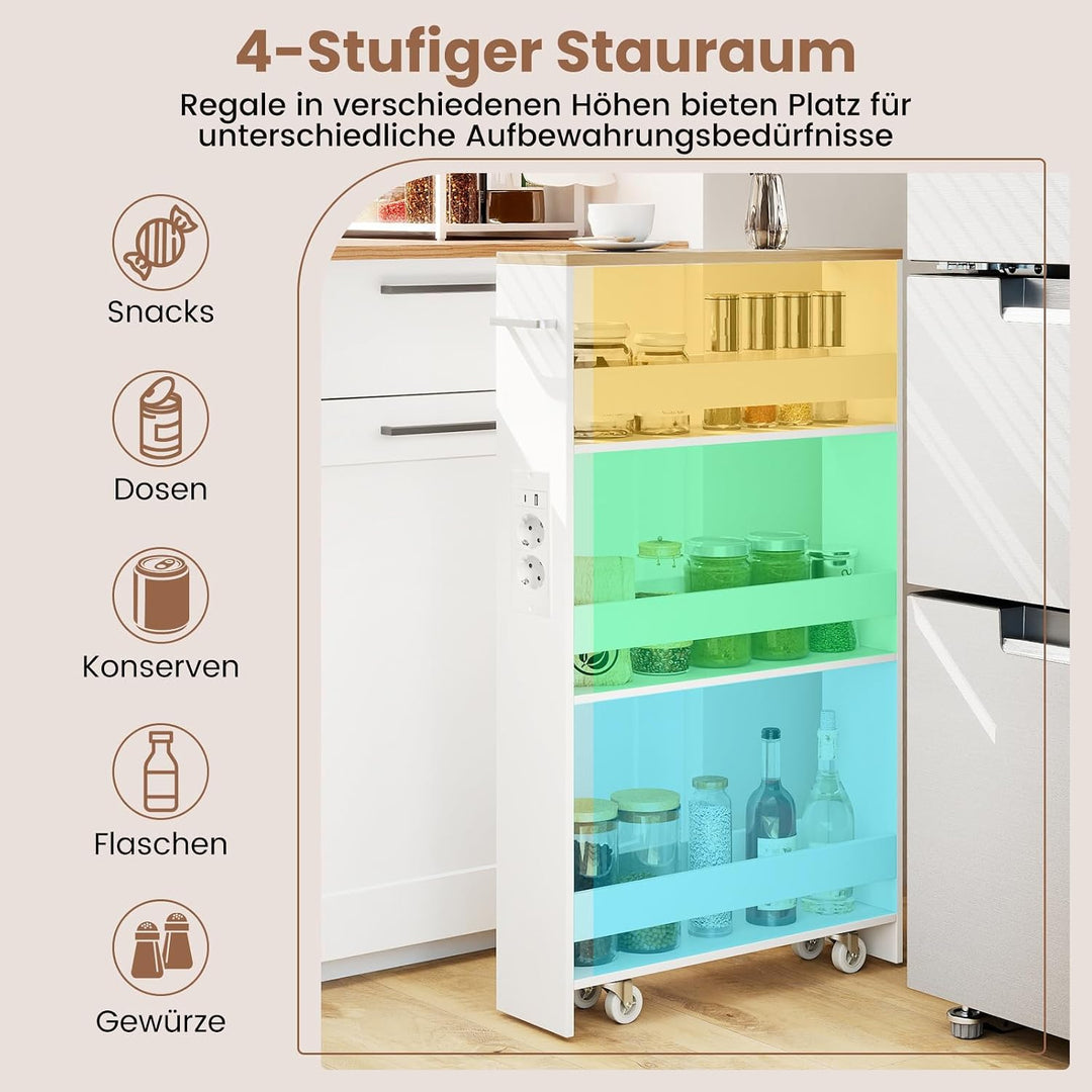 COSTWAY Nischenwagen 13cm breit, 4 Etagen Küchenwagen schmal mit Ladestation, Nischenregal auf Rolle