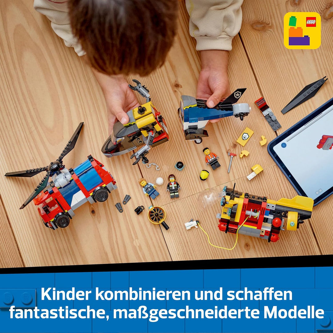 LEGO City Kombinationsset mit Hubschrauber, Löschauto und U-Boot und 3 Minifiguren - Baubare Spielze
