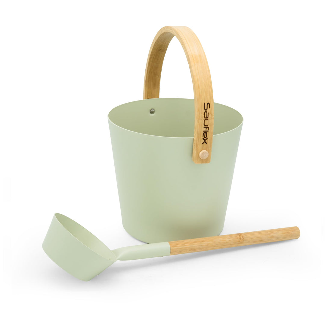 Sauna Zubehör Set: 4L Aluminium Eimer und 42cm Kelle, Bambusgriffe (Helles Salbeigrün), Helles Salbe