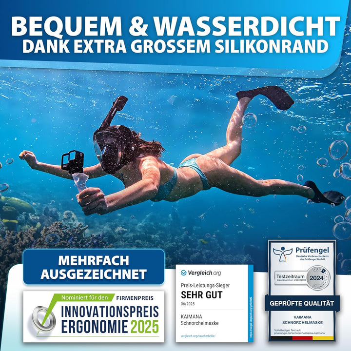 Die Preisgekrönte KAIMANA® Schnorchelmaske für Erwachsene & Kinder - absolut CO2 sicher - inkl. Trag