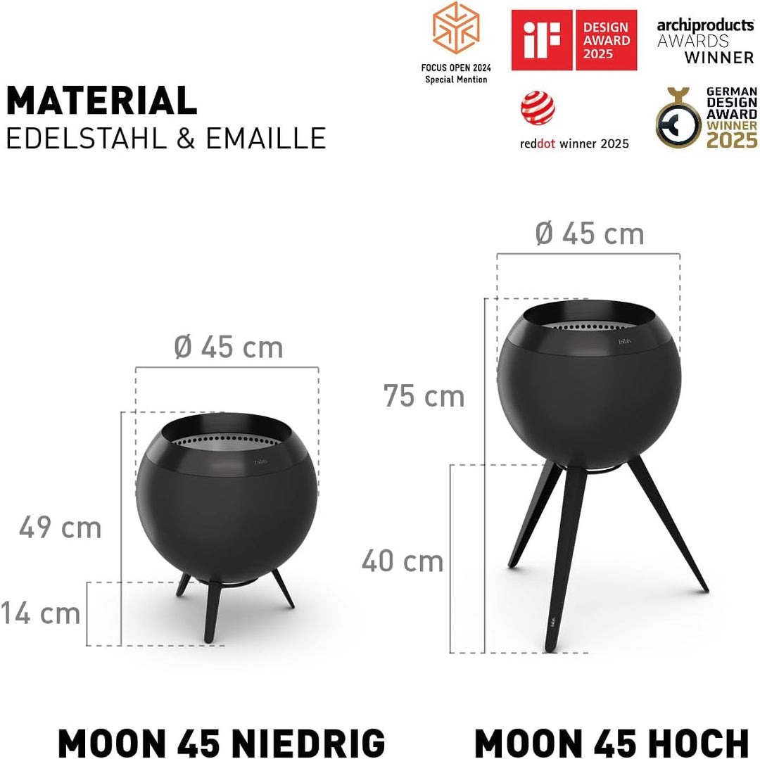 höfats - Moon 45 All Black Feuerschale mit niedrigem Fuss - emaillierter, raucharmer, schwarzer Feue