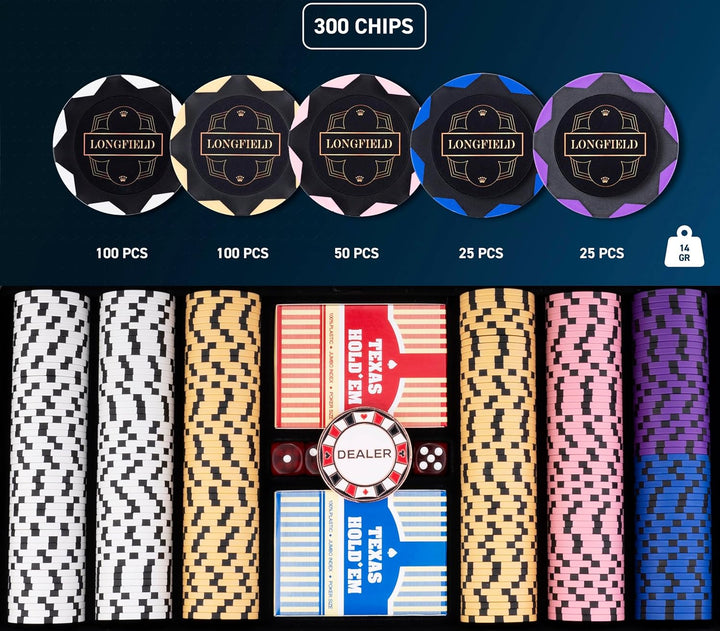 Engelhart - 320950 – Poker-Set – Koffer aus schwarzem Metall – 300 Chips 14 g ohne Nummer + 2 Karten