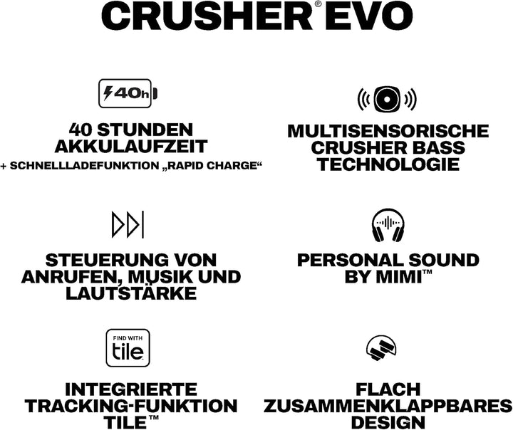 Skullcandy Crusher Evo Over-Ear Wireless-Kopfhörer mit Sensory Bass, 40 Std. Akkulaufzeit, Extra Cha
