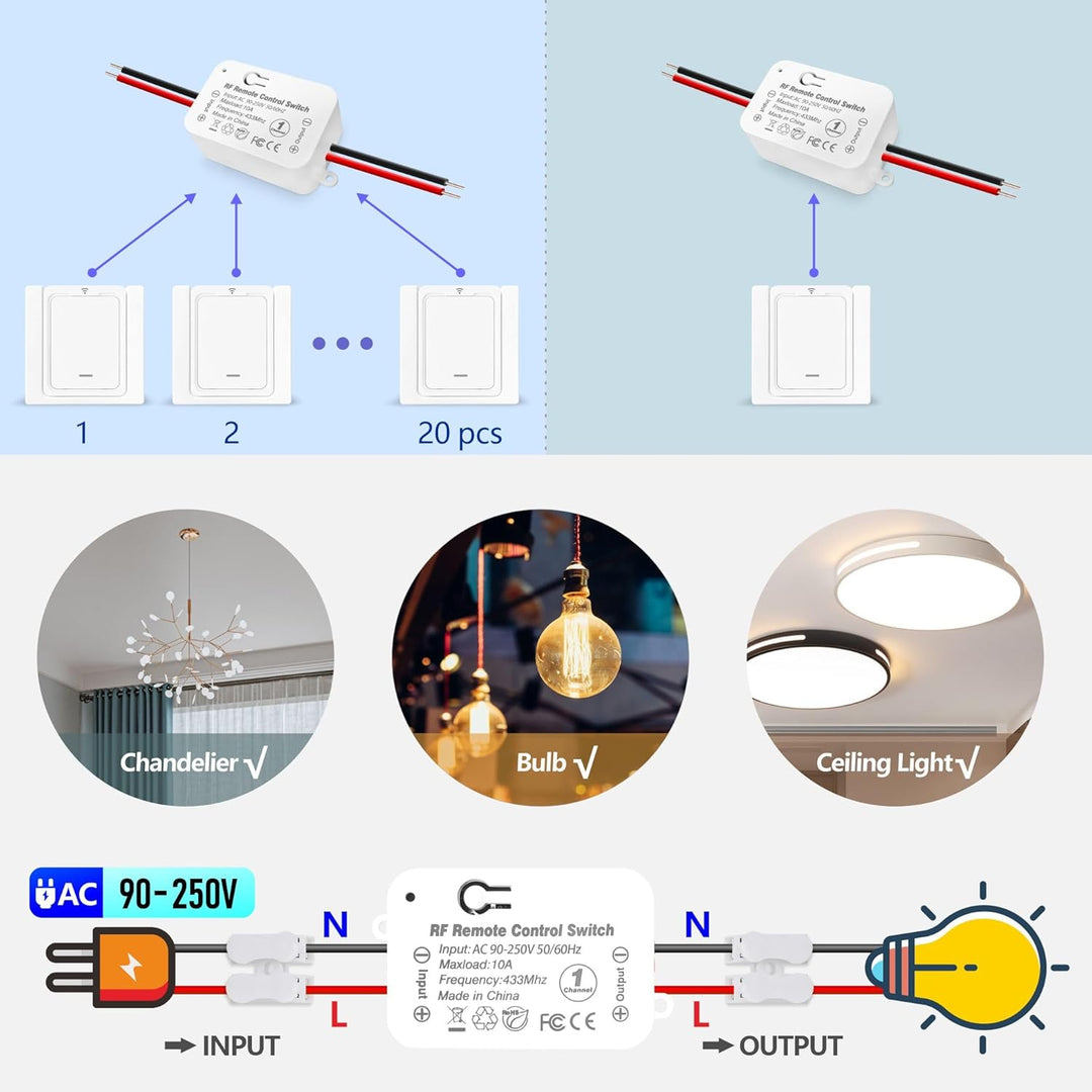 Tedeligo Funkschalter Licht Set, AC220V 230V 2000W drahtloser Funkempfänger Abnehmbare drahtlose Lic