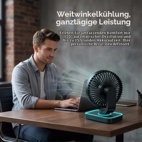 Tischventilator Leise Automatisch Oszillierend, 4000mAh Akku USB 5 Geschwindigkeiten LED-Digitalanze