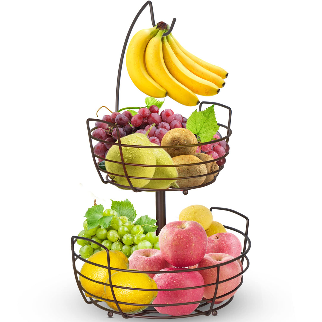 Bomclap Obstschalen Obstkorb 2 Tier Obstschale mit Bananenhalter,Brotkorb Gemüsegestell,Bronze, Bron