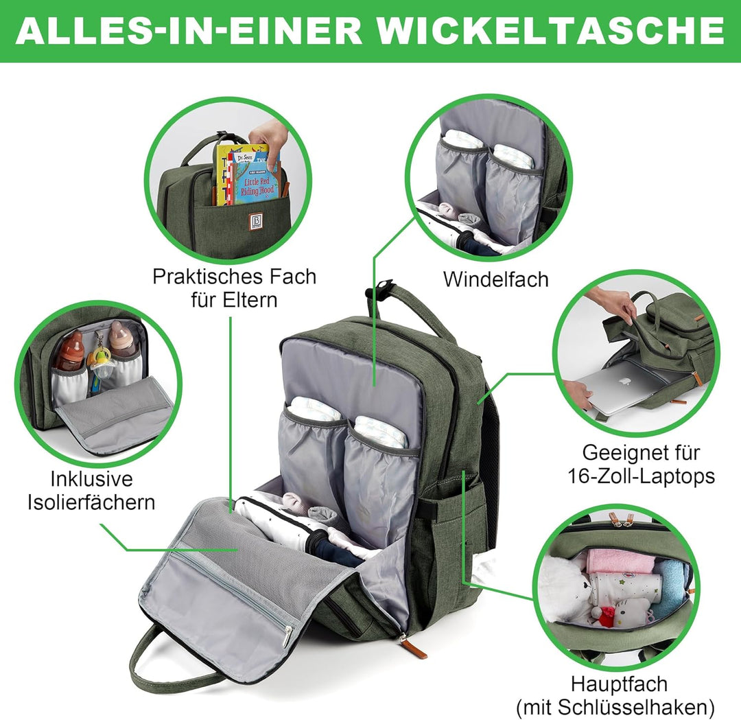 Brisby Wickelrucksack gross - Wickeltasche kinderwagen mit isoliertes Frontfach, Babytasche mit Wick