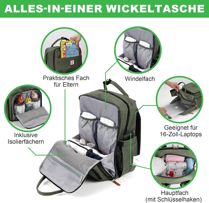 Brisby Wickelrucksack gross - Wickeltasche kinderwagen mit isoliertes Frontfach, Babytasche mit Wick