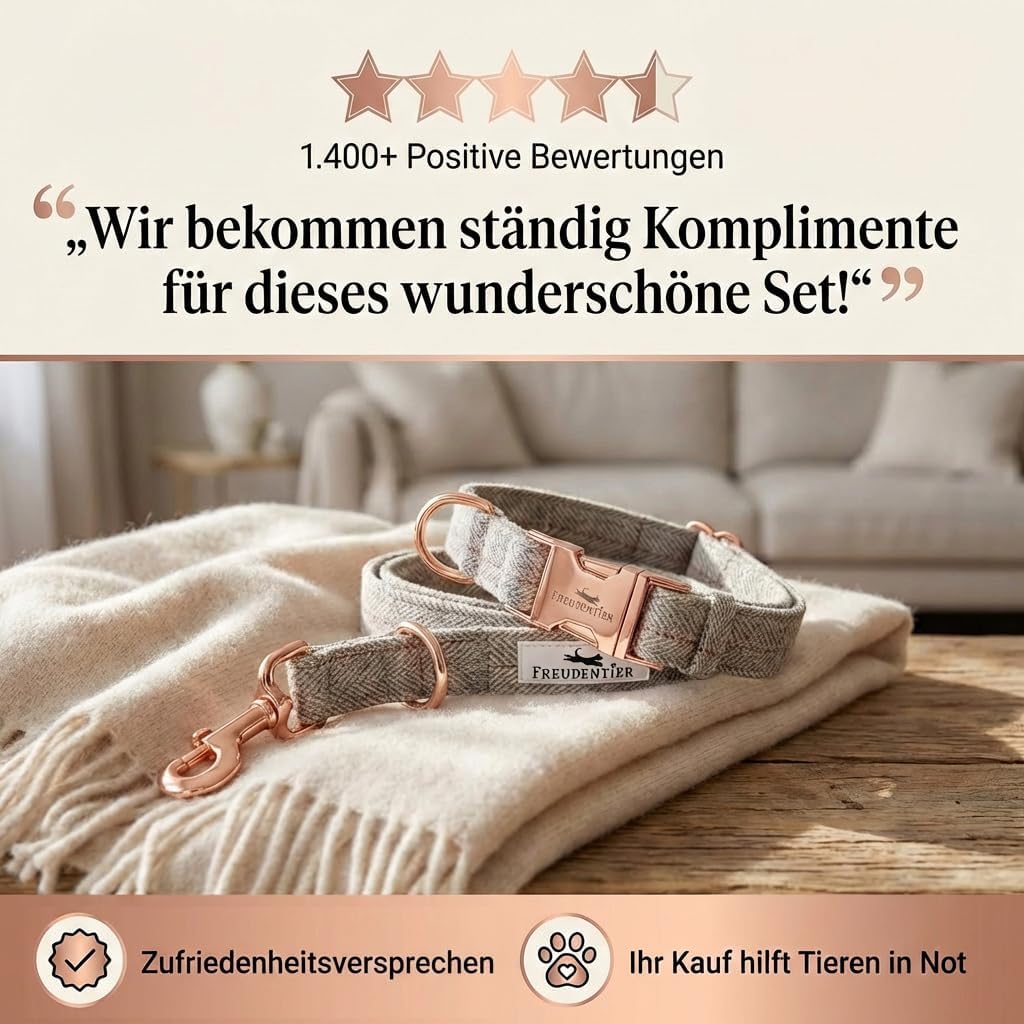 FREUDENTIER® Hundehalsband und Hundeleine im eleganten Set - 2m Leine, 3-Fach verstellbar - Robust &