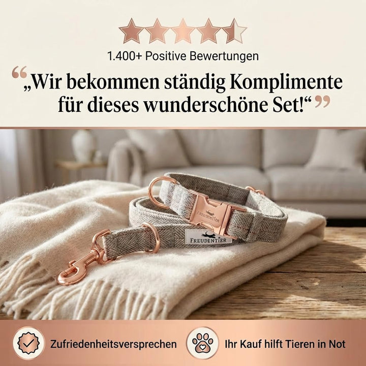 FREUDENTIER® Hundehalsband und Hundeleine im eleganten Set - 2m Leine, 3-Fach verstellbar - Robust &