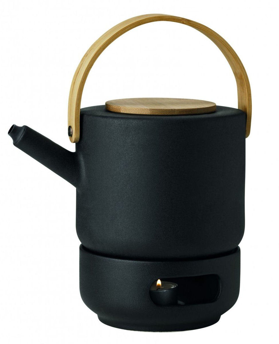 Stelton Theo Set Teekanne 1,25 Liter und Stövchen aus Steingut schwarz