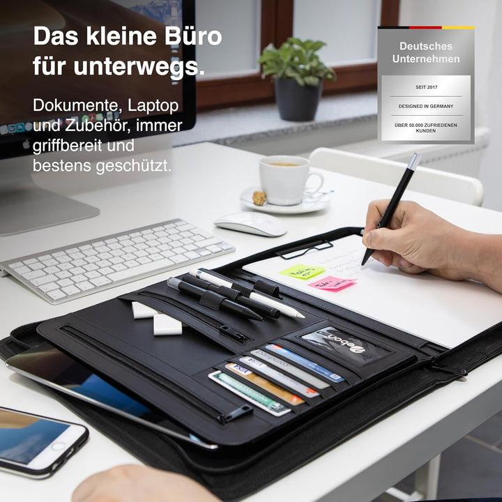 Vebon® Schreibmappe A4 gross New York I Veganes Leder, Reissverschluss + Klemmbrett I Konferenzmappe