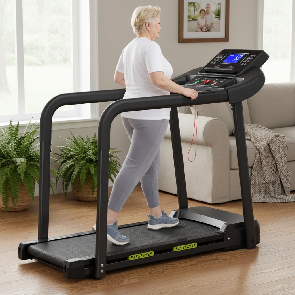 Walking Pad für Senioren, Klappbares Laufband mit Haltegriff &amp; App, Elektrisches Laufband bis 135kg,