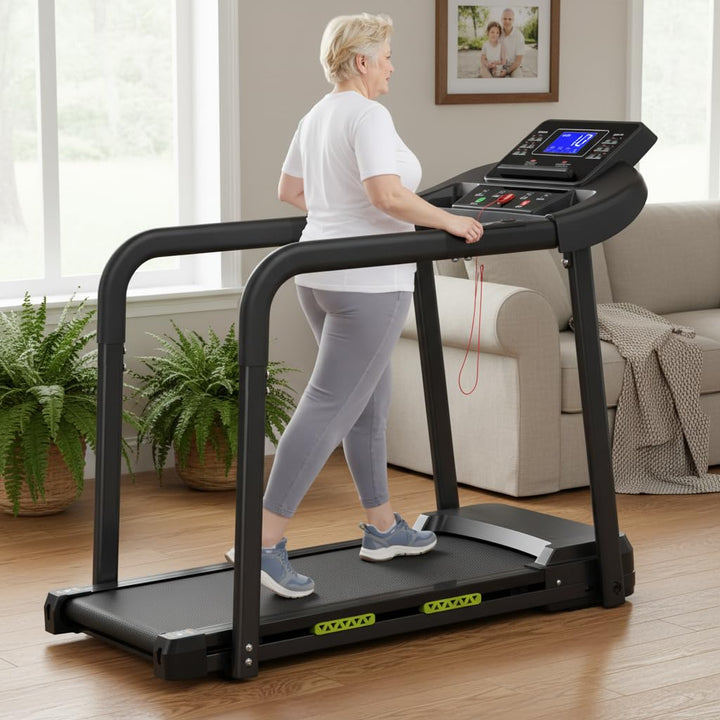 Walking Pad für Senioren, Klappbares Laufband mit Haltegriff &amp; App, Elektrisches Laufband bis 135kg,