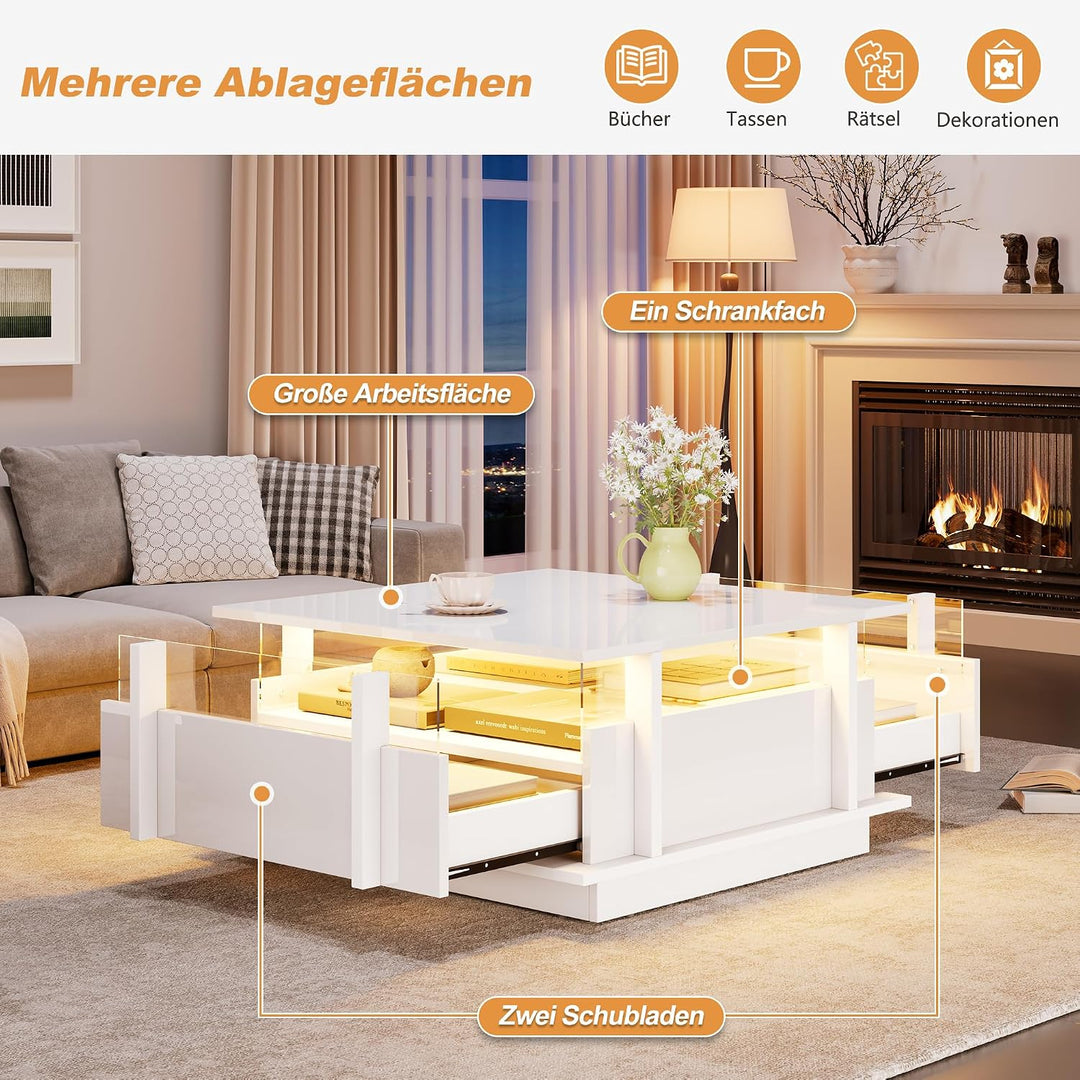 okwish Couchtisch Hochglanz,Sofatisch mit Zwei Schubladen und LED-Beleuchtung,Wohnzimmertisch,Quadra