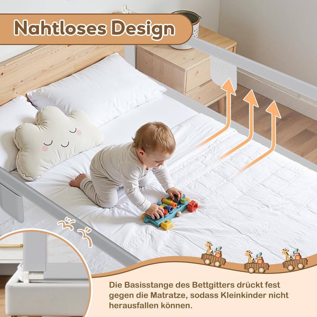 Ikodm 2X 200cm Bettgitter für Kinder, Bettschutzgitter Höhenverstellbar von 64-96cm, Rausfallschutz