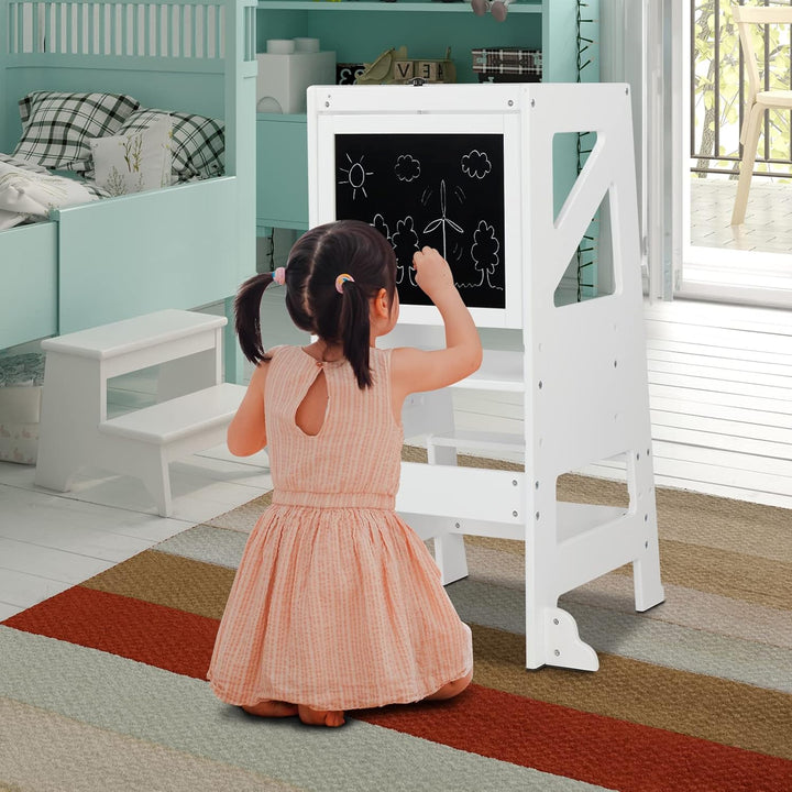 LEADZM Montessori Lernturm ab 18 Monaten – 2-in-1 höhenverstellbarer Learning Tower mit Tafel | Höch