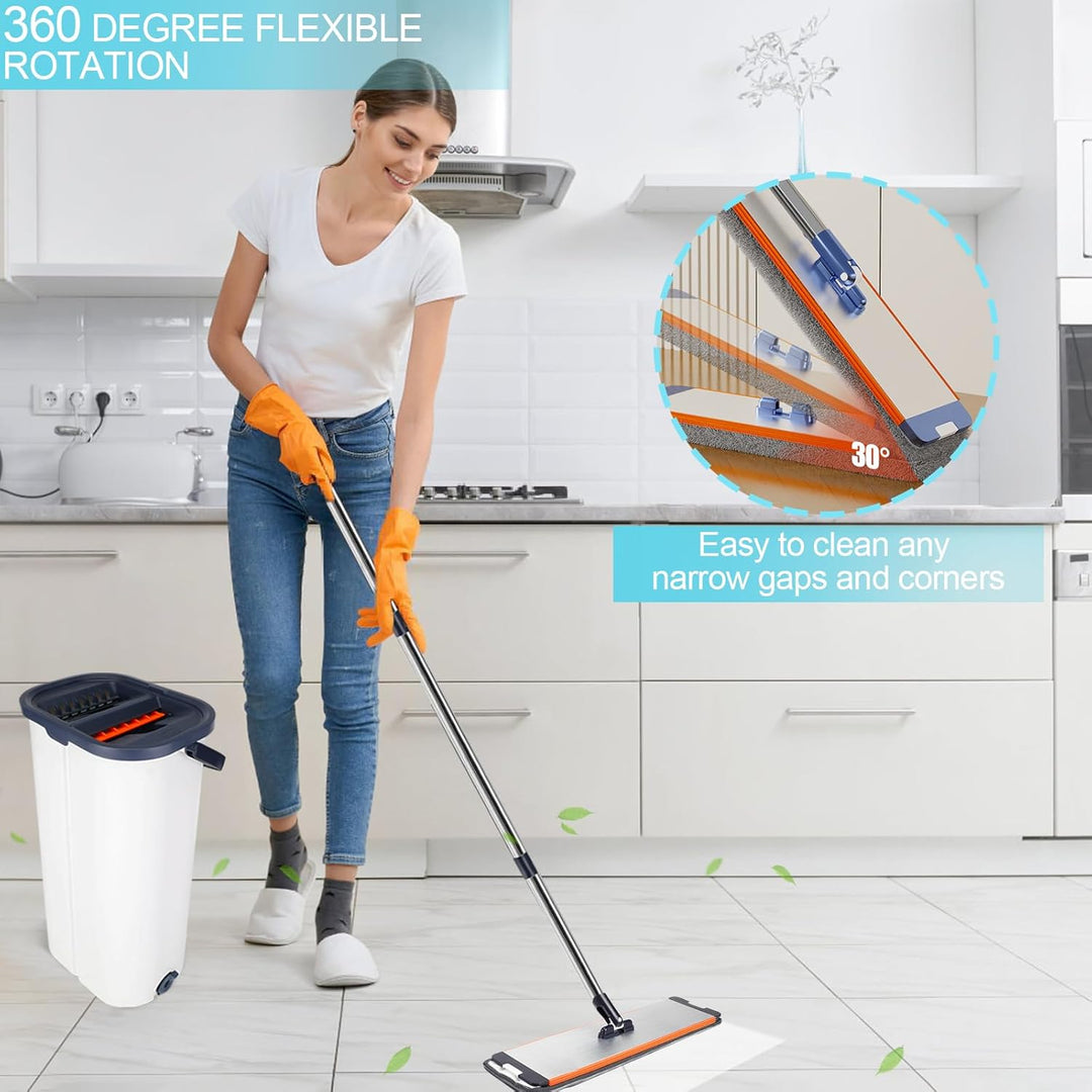 Wischmopp Set mit Eimer, Set mit 6 Mikrofaser Pads und Ausgestattet mit 164cm verlängertem und verdi