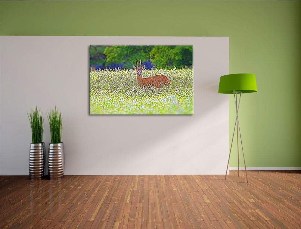 junger Hirsch auf Wildwiese NewArt Format: 100x70 cm auf Leinwand, XXL riesige Bilder fertig gerahmt