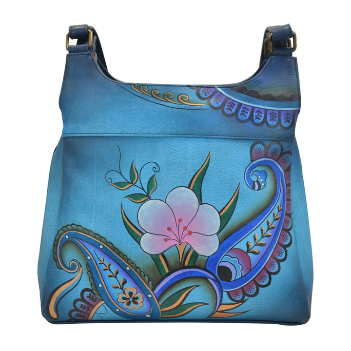 Anna by Anuschka Handbemaltes Original-Kunstwerk, echtes Leder – Tasche mit drei Fächern Denim Paisl