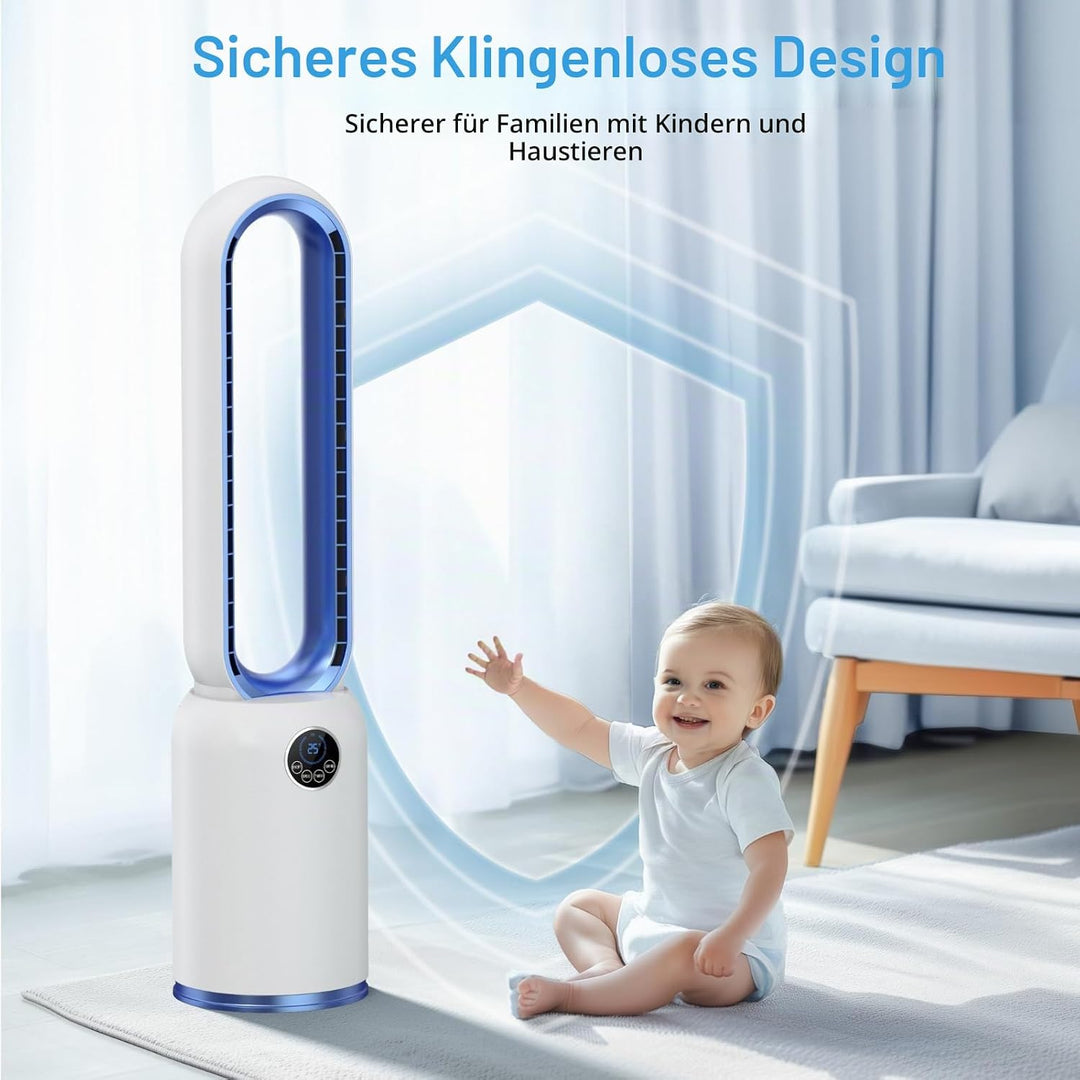 Turmventilator ohne Flügel 88cm – geräuschloser Standventilator mit 55W Motor, LED-Touchscreen & Fer