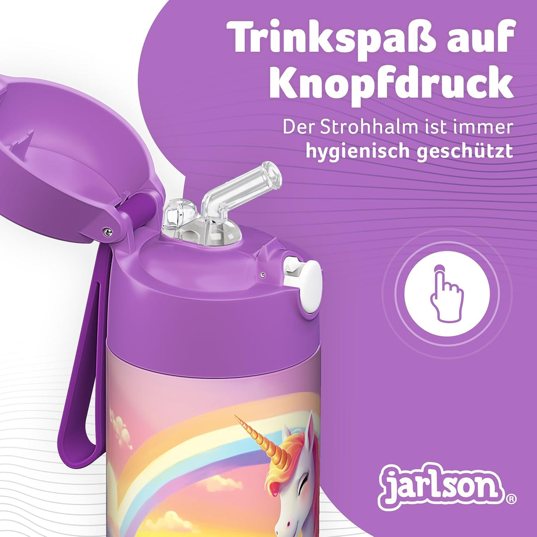 JARLSON® Trinkflasche Kinder Edelstahl "CHARLI" mit Strohhalm - Thermosflasche 350ml - TÜV geprüft -