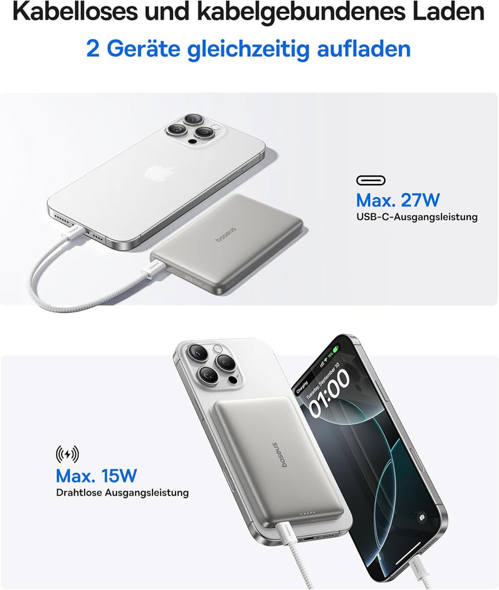 Baseus Picogo AM41 Power Bank, 10000mAh Qi2 Magsafe Powerbank 15W Wireless, Ultra Slim, PD 27W Schne