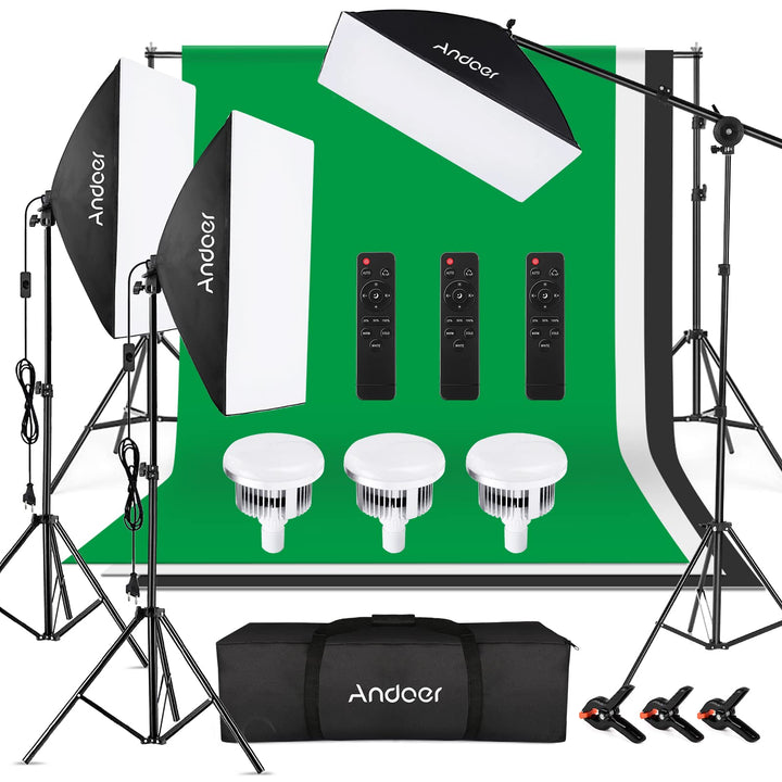 Andoer Beleuchtungsset für Fotostudio, 2 m x 3 m Hintergrundsystem mit Softbox, Glühbirnen, Lichtstä